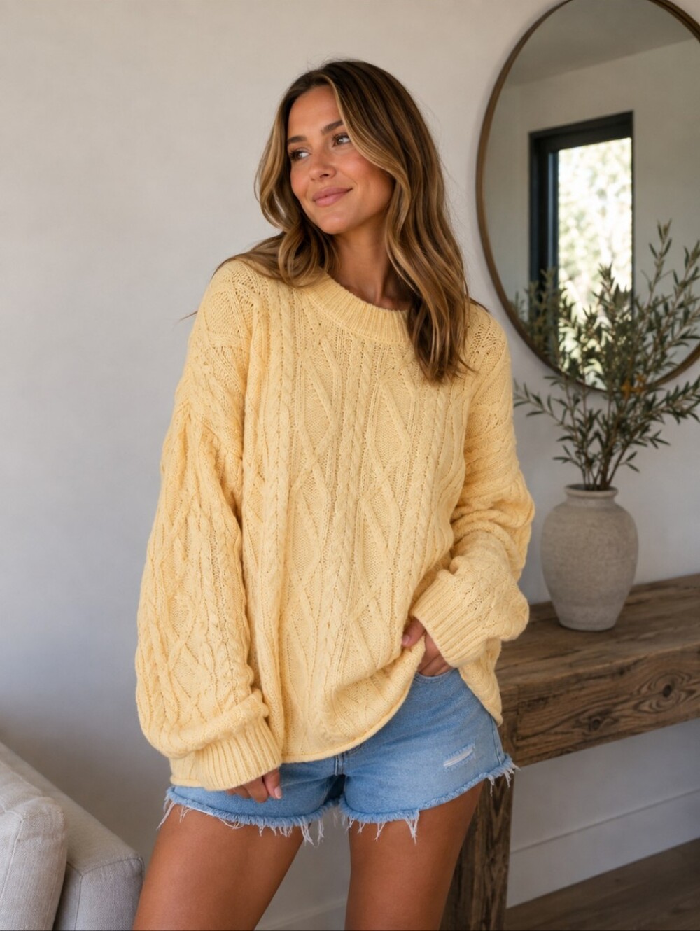 Lovelo Women's Cable Knit Sweater in Pale Yellow